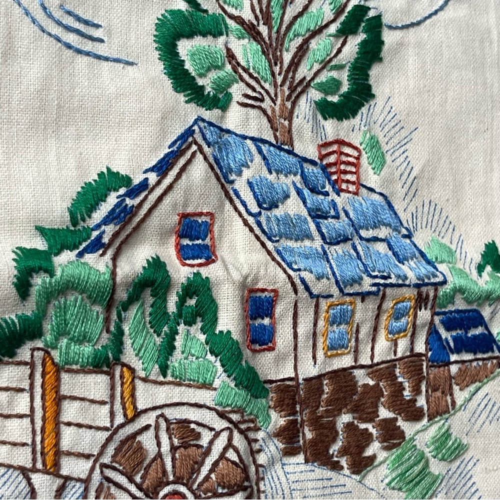 Unfinished Needlepoint Embroidery Farmhouse Cottage Trees Ranch Water Wheel